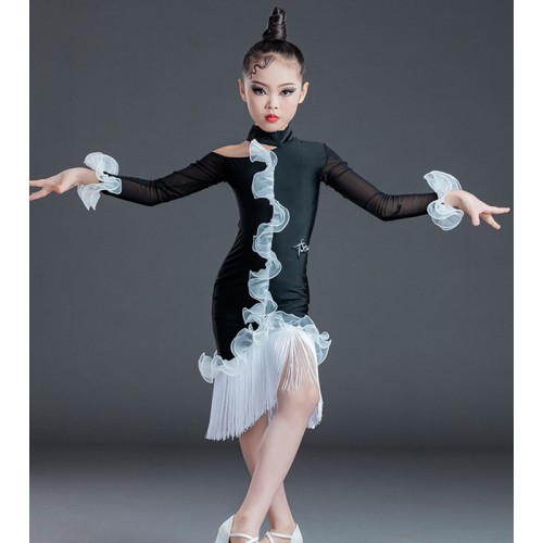 Black with white ruffles fringed latin dance dresses for kids girls stage performance latin dance skirts modern dance wear for children